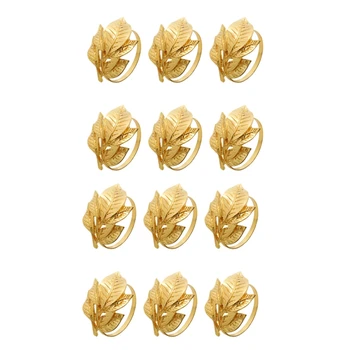 

12Pcs Napkin Rings for Wedding Dinner Party Kitchen Leaf Serviette Buckle Napkin Holder Table Decoration,Gold