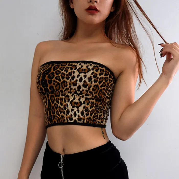 Newly Ladies Short Top Strapless Leopard Print Slim Fit Crop for Summer FIF66
