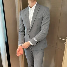 Autumn Single-breasted Formal Suit Men Trend Brand Fashion Black White Small Lattice 2-piece Suit Smoking Homme Trajes De Hombre