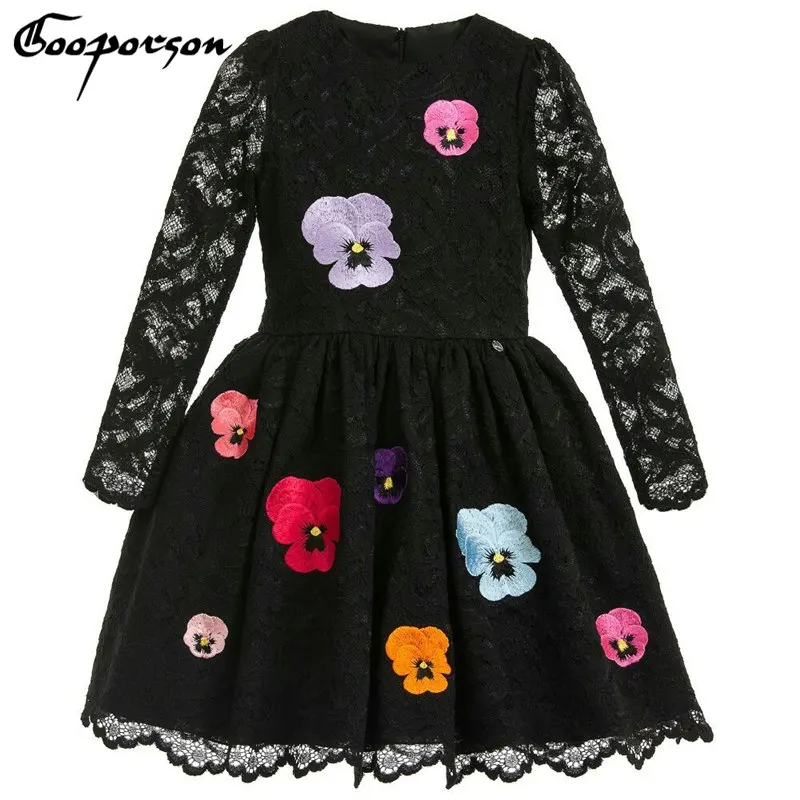 Осеннее платье для девочек; Цвет Черный; кружевное праздничное платье с длинными рукавами и цветочной вышивкой для девочек; детское платье принцессы до колена; одежда; Vestidos