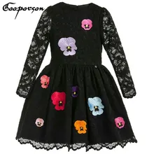 Осеннее платье для девочек; Цвет Черный; кружевное праздничное платье с длинными рукавами и цветочной вышивкой для девочек; детское платье принцессы до колена; одежда; Vestidos
