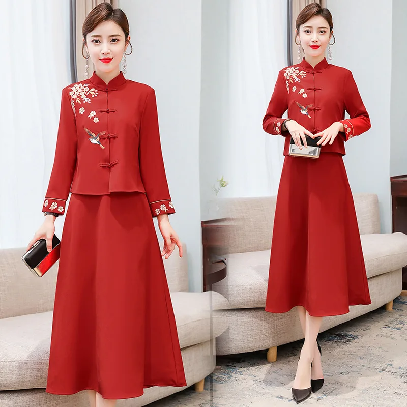 

2020 Early Spring New Style Chinese-style Embroidery Dress Women's Chinese Style Retro Bride Red Dress for Toast Mid-length