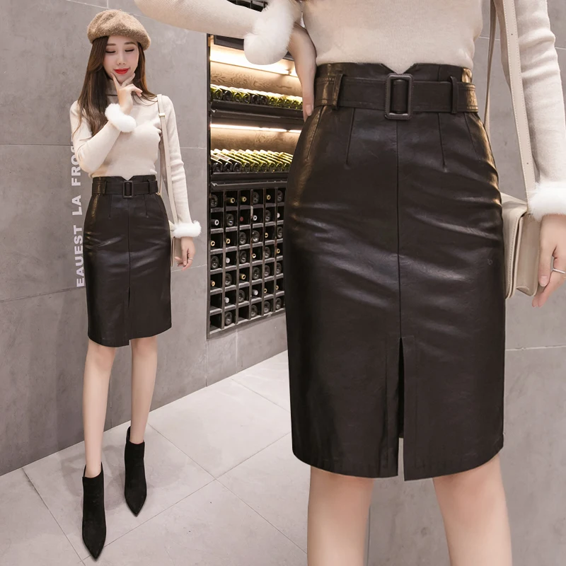 

2020 Autumn Winter OL Elegant Pencil Midi Skirts High Waist Black PU Leather Split Sheath Wrap Skirts with Belt Female