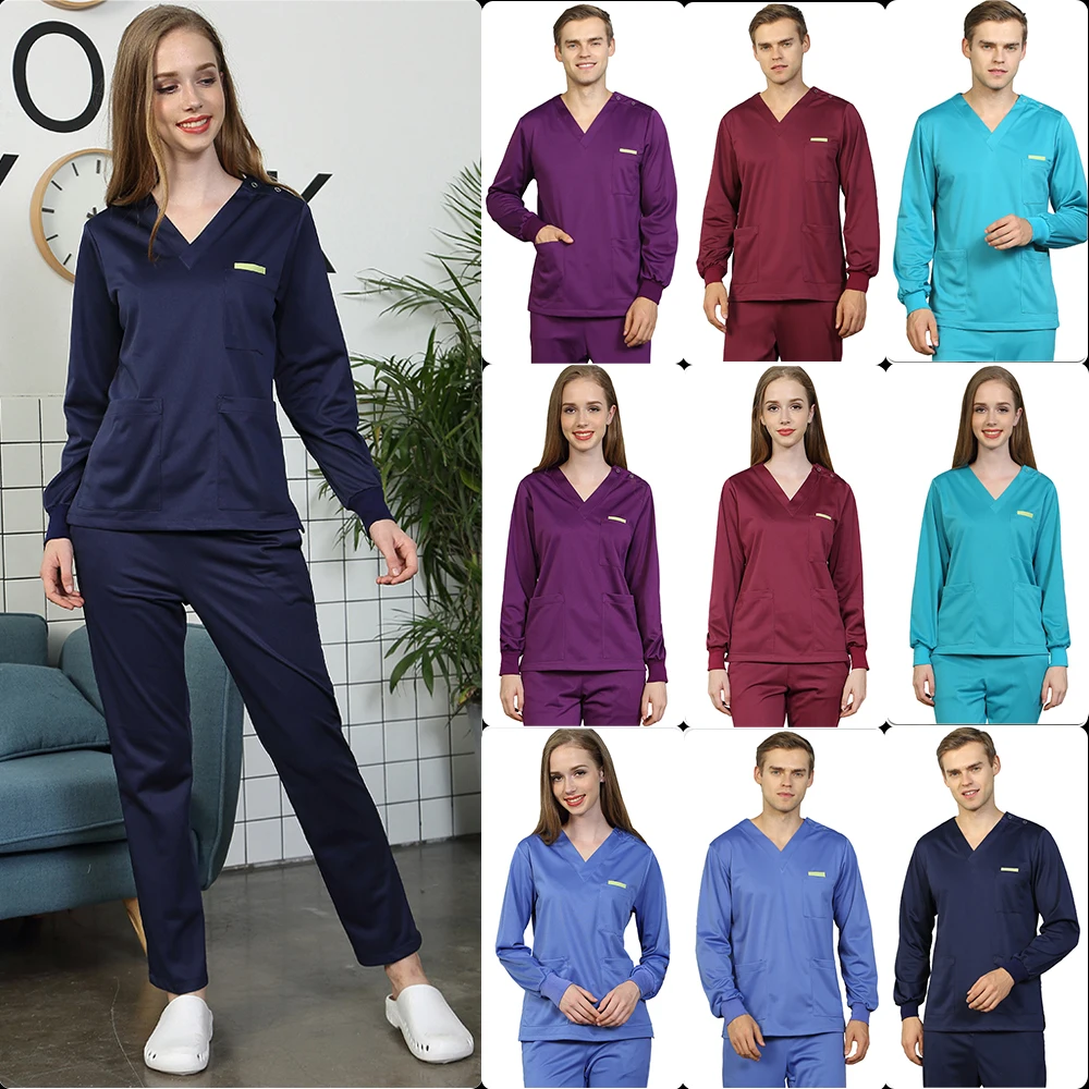 

Women Men Silky Scrub Uniform Nursing Workwear Solid Color Scrubs Set Anti-static Top and Pant Long Sleeve Working Suits 301-20