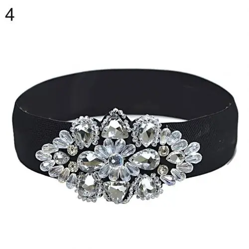 Белый Женские разноцветные стразы, пояс с цветочным принтом, эластичный широкий пояс, украшение для платья - Цвет: Белый