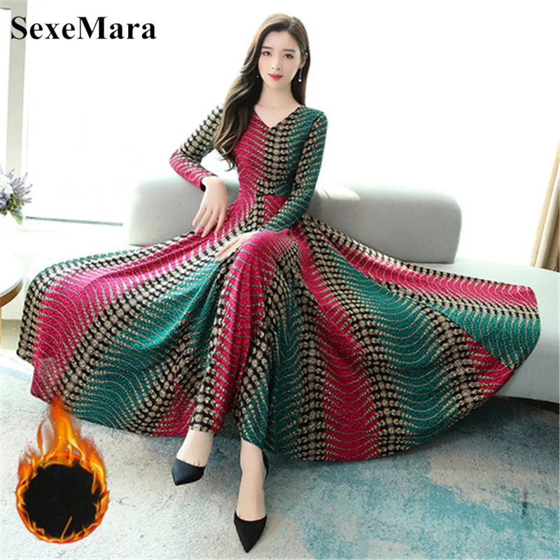 Green plus velvet Повседневное женское платье осень и зима новая мода плюс бархат толстый длинный рукав v-образный вырез цветок тонкое длинное платье - Цвет: Green plus velvet