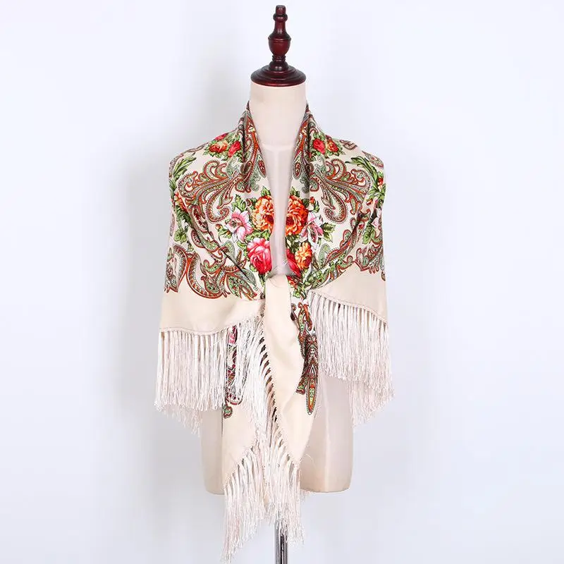 Brand New Ladies National Style Autumn And Winter Warm Shawl Ladies Fashion Print Tassel Square Scarf Travel Baotou Scarf - Цвет: Photo Color