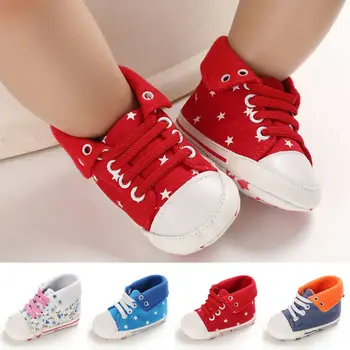 

New Toddler Baby Shoes Boy Girls Star Solid Sneaker Canvas Lace Up Low Top Crib Shoes Walking Comfort 4 Colors Size 0-18M