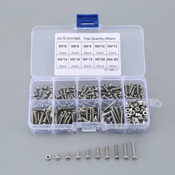 

Retail 340pcs M3 304 Stainless Steel Cross Hexagon Socket Button Head Hex Socket Round Button Head Screw Kit