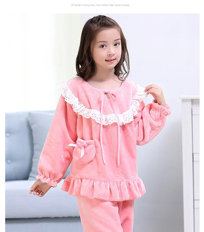 Children girls Flannel winter new pajamas kids lace patchwork cute cartoon home clothes girls sleep wear ws1159