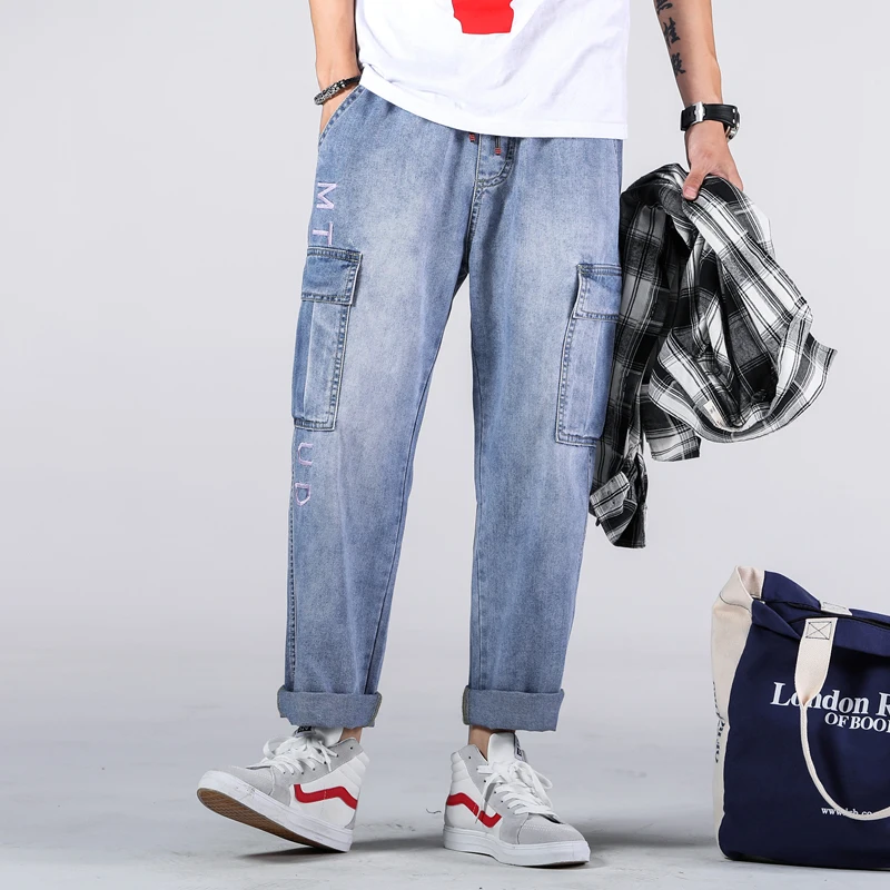 Black Friday Large size men's Overalls Ankle pants jeans pants obesity jeans stretch blue large 6XL 7XL Man trousers Comfortable Drawstring