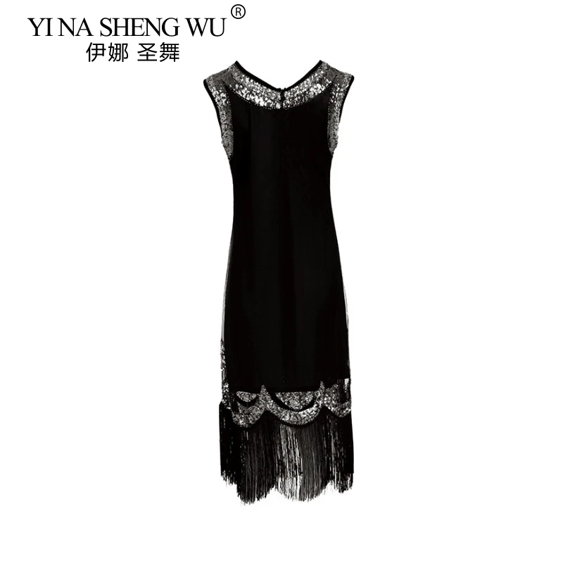 Винтажное платье миди Vestido, женское платье 1920 s, блестки, бисер, платье с кисточками, вечерние платья с оборками, черное платье для латинских танцев