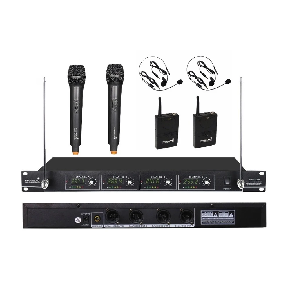STARAUDIO Pro 4 канала VHF ручной петличный микрофон наушники Беспроводная микрофонная система 4CH сценический церковный клубный микрофон SMV-4000A+ B