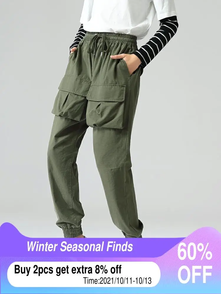 Брюки-карго женские с большими карманами и поясом на резинке | Женская одежда
