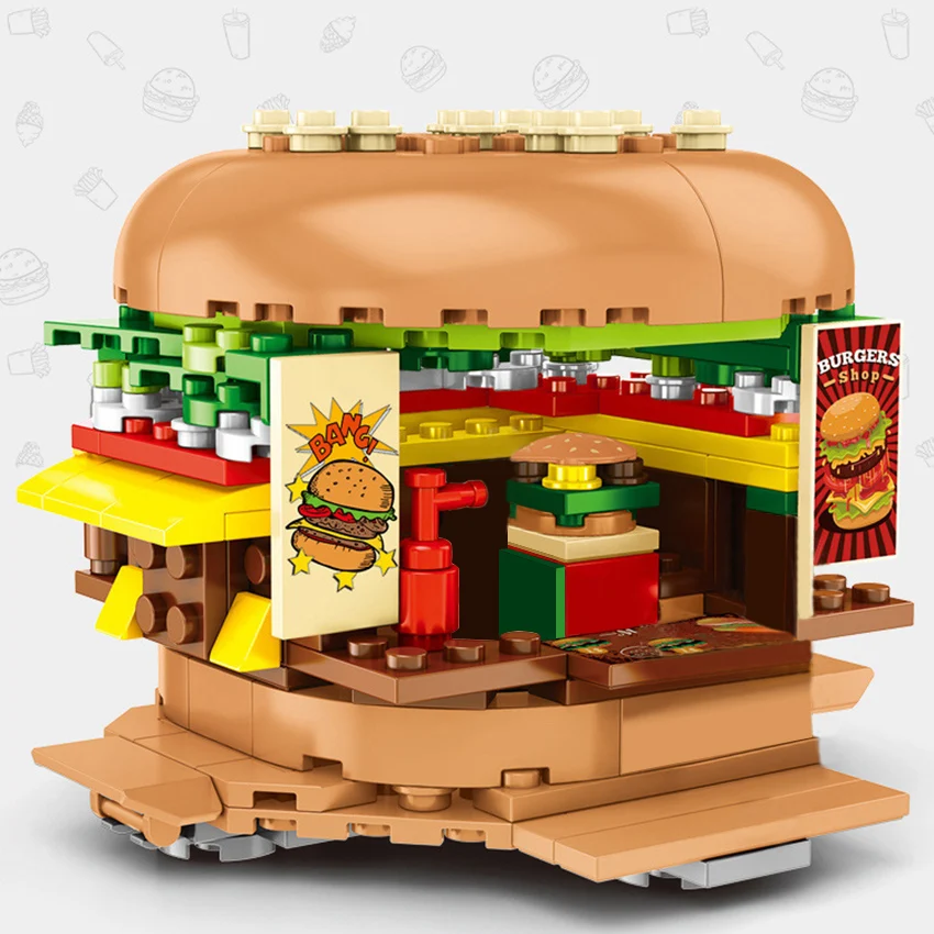 Single City Hamburger Ice Cream Drink French Fries Snack Selling Store Building Blocks Bricks City Street View Toys for Children (1)
