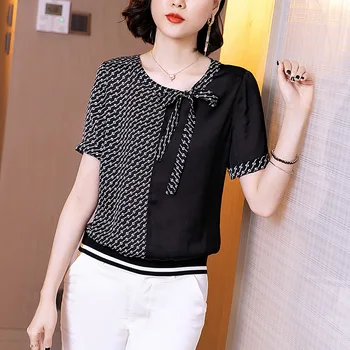 

Women's Pattern Cloth Stitching Chiffon Shirt Summer Women's Shirt Ribbon Bow Short-Sleeve Patchwork Tops Kimono Vintage Blouse