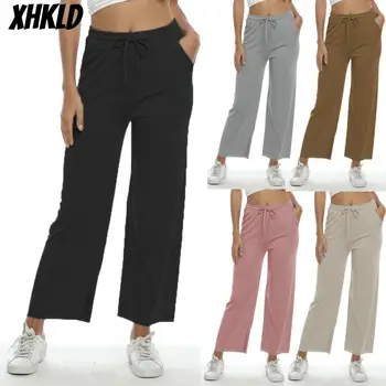 

XHKLD Black wide leg pants for women Loose Ankle-length womens pants plus size 2020 Summer Fashion Solid Trousers sweatpants