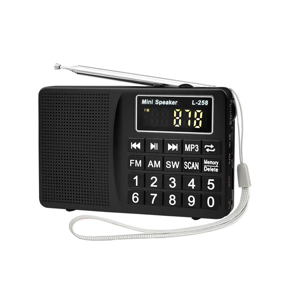 Черный Простой в эксплуатации многополосный бас SW FM AM usb зарядка вставка карта динамик мини цифровой дисплей портативный подарок MP3 большая кнопка радио - Цвет: Черный