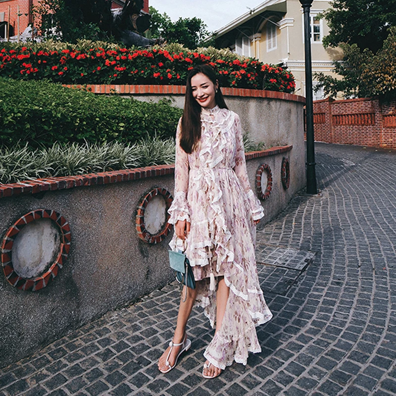 

Runway Designer Floral Print 100% Silk Sexy Woman Maxi Dress High Waist Long Sleeve Irregular Elegant Dress Holiday Vestidos