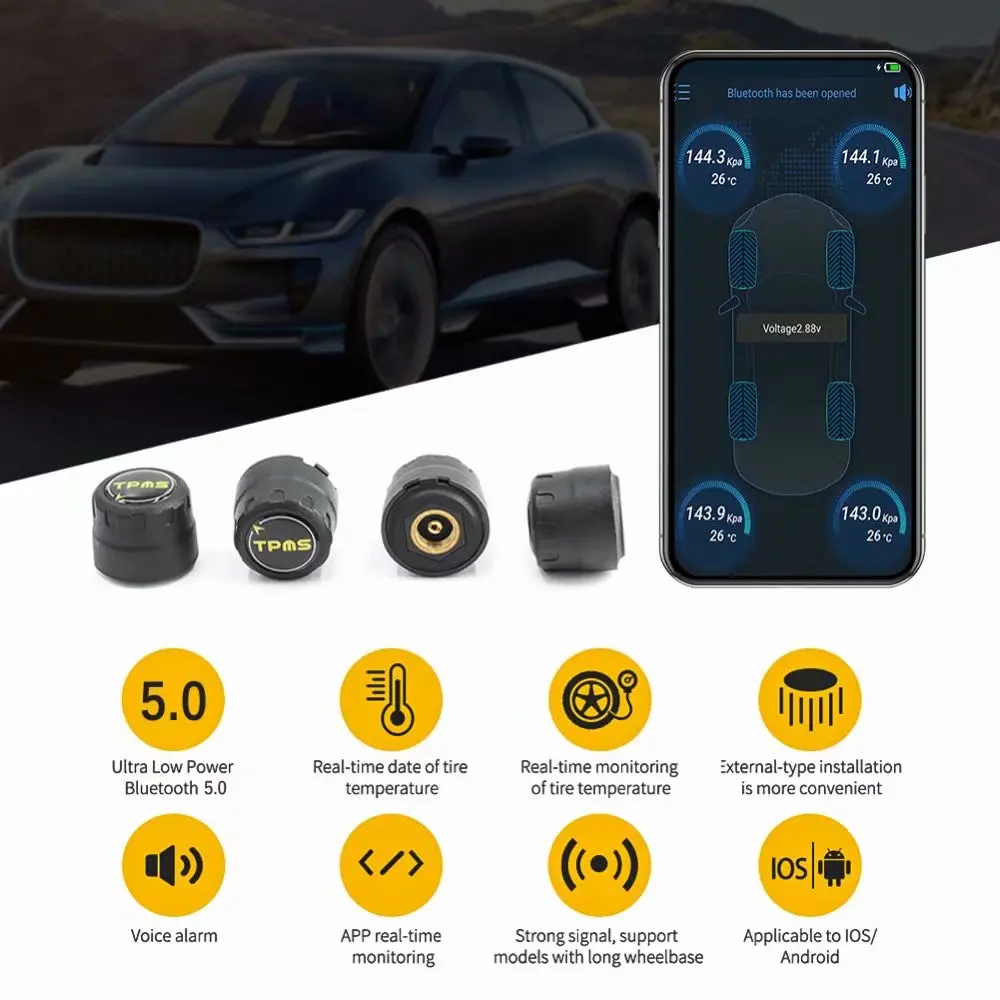 New TPMS Bluetooth 5.0 Tire Pressure Monitor System 4 Internal/External Sensor Works Android/iOS Mobile Phone APP Display car alarms for sale