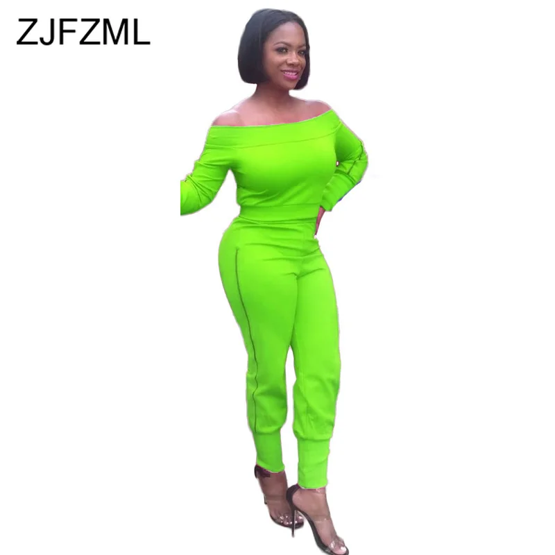 

Neon Green Sexy Two Piece Tracksuit for Women Slash Neck Open Back Crop Tops and Bodycon Pants Plus Size 2 Piece Sweat Suits