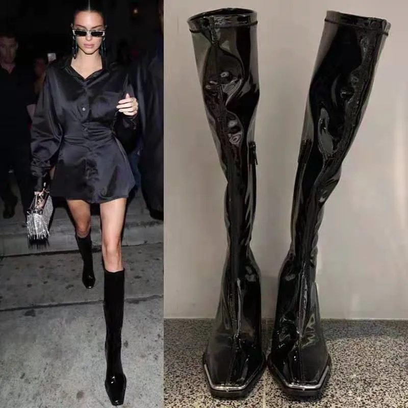 Square Toe high-heeled Women Knee High Boots 2020 Winter New Punk Thick Heel Patent Leather Short Plush Riding Boots Shoes Woman (11)
