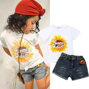 

1-5 Years Halloween Newborn Kids Baby Girl Clothes Sunflower T-Shirt Tops +Denim Shorts Pants Outfit Cosplay Costume Set