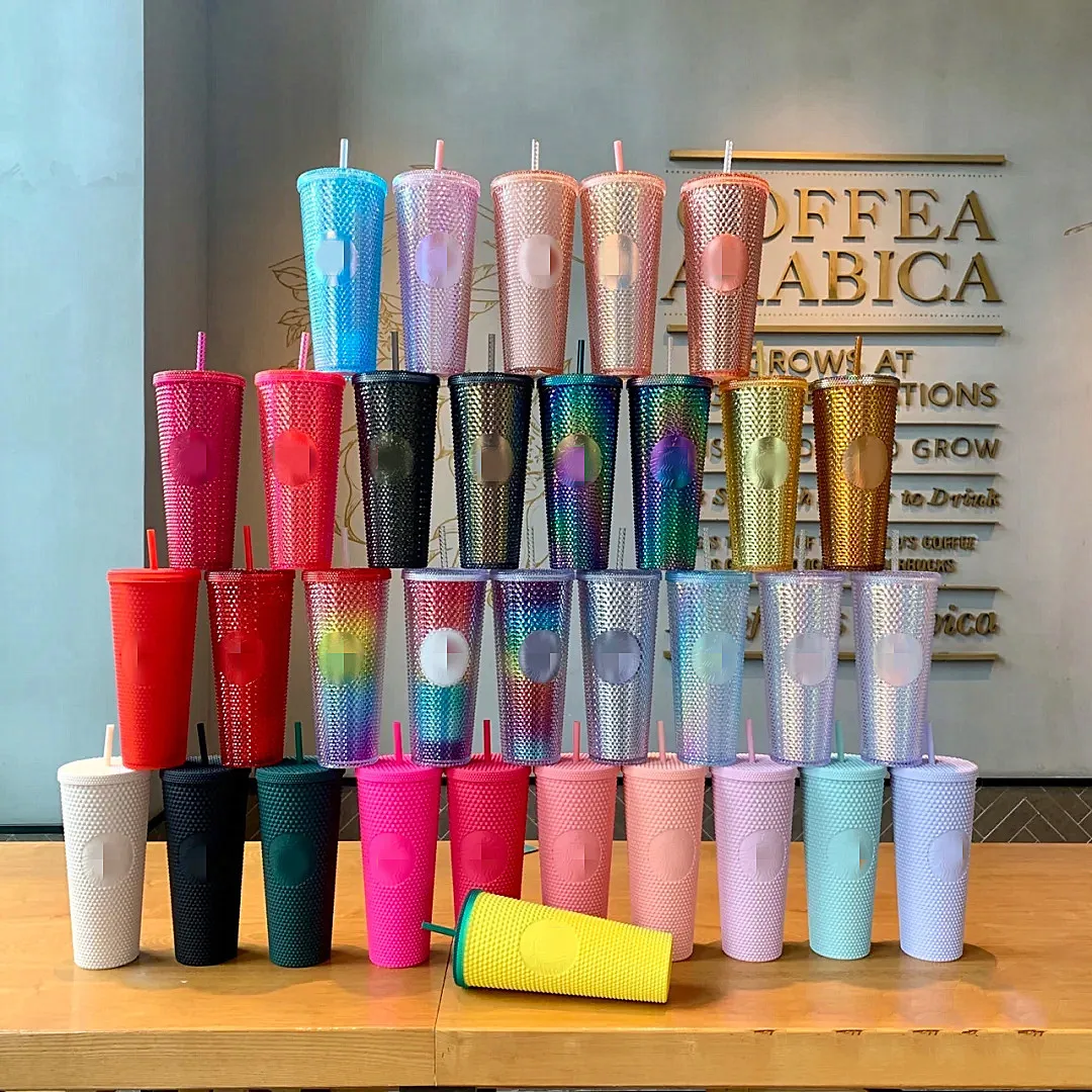 710ml Coffee Cup Cold Water Mug Tumbler with Logo Double Layer Transparent Plastic Creative Straw | Дом и сад