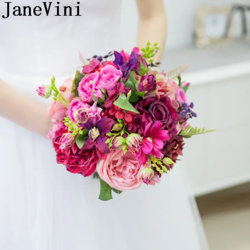 JaneVini, винтажный букет сушеных цветов для невесты,, искусственная Роза, пион, Свадебный Шелковый цветок, свадебные аксессуары для букетов