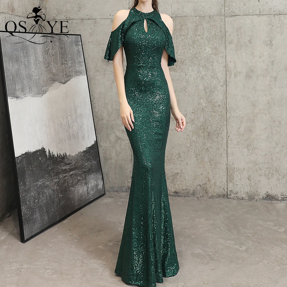 

Green Halter Neck Evening Dress Mermaid Sequin Long Prom Gown Keyhole Fit Party Formal Gown Side Sleeves Woman Emerald Dresses