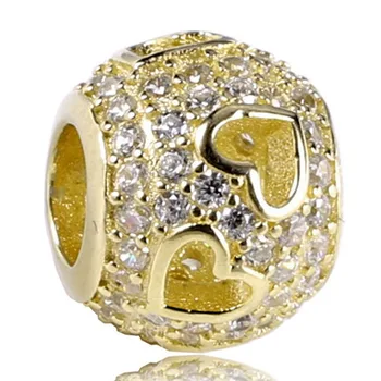 

New 925 Sterling Silver Bead Charm Gold Color Openwork Tumbling Hearts With Full Crystal Beads Fit Bracelet Diy Jewelry
