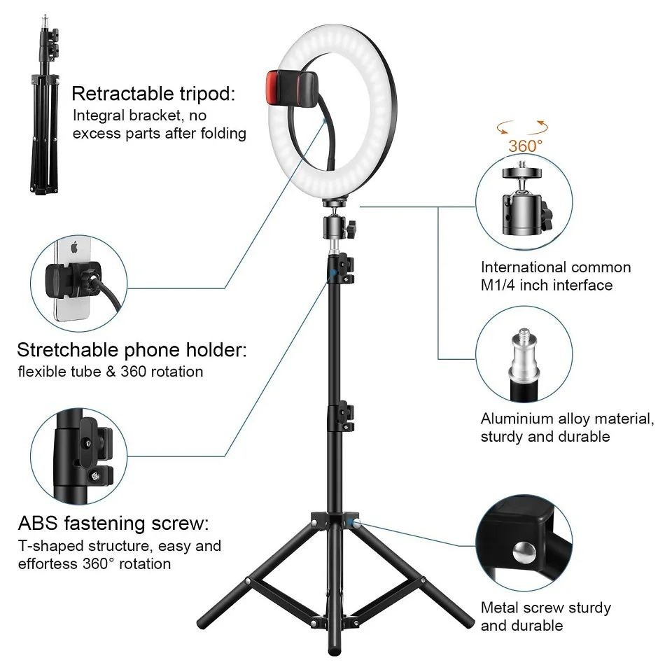 Dimmable 10 Inch LED Selfie Ring Light with Tripod