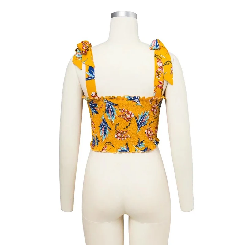 Sukibandra богемский цветочный принт галстук-бабочка Camisole майка летняя женская Бохо эластичная бюстье укороченный топ винтажный желтый топ