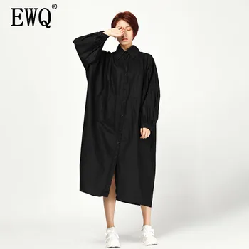

[EWQ] 2020 Spring Summer Lapel Collar Long Sleeve Solid Patchwork Single Breaseted Casual Loose Shirt Dress Women AD33905