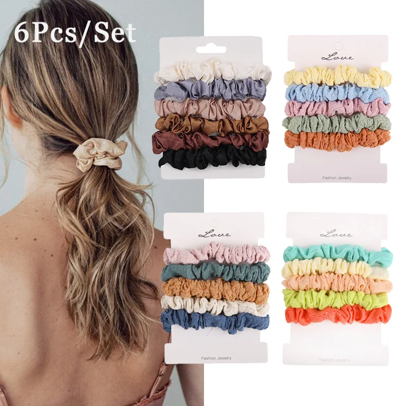 

6Pcs/Set Satin Silk Solid Color Scrunchies Elastic Hair Bands New Women Girls Ponytail Holder Hair Ties Rope Hair Accessories