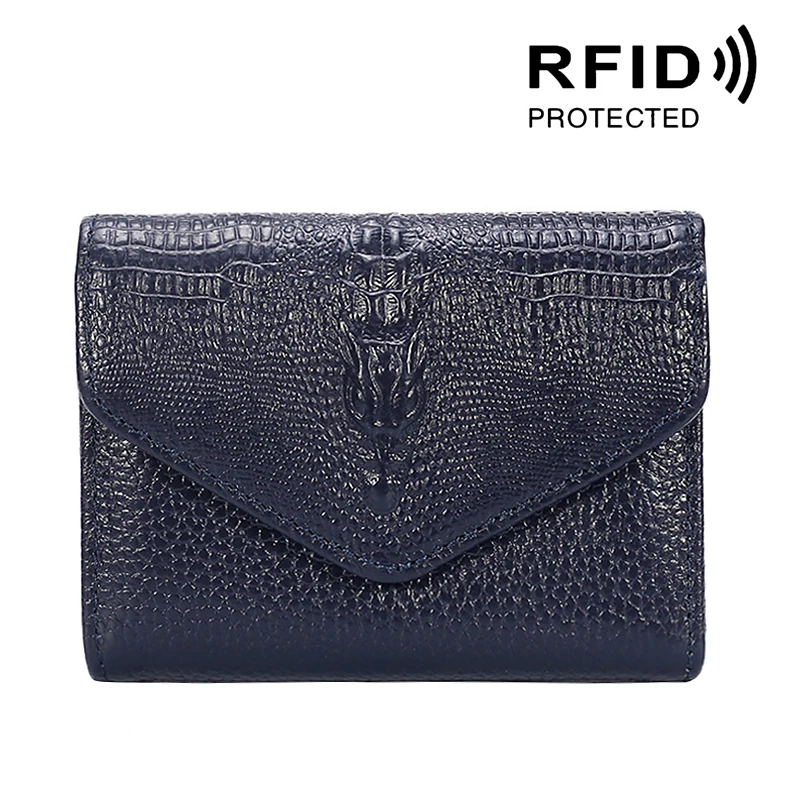 Конверт с крокодиловым узором женские кошельки RFID Блокировка натуральная кожа аккордеон портмоне кредитный держатель для карт дамская сумка для денег - Цвет: Navy Blue