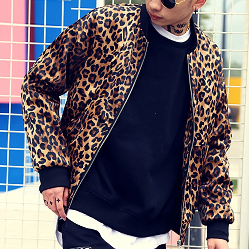 Leopard Print Baseball Jacket Fashion Style Mens Autumn Jacket Classic Personality Hip Hop Coat Nightclub Bar Hairdresser