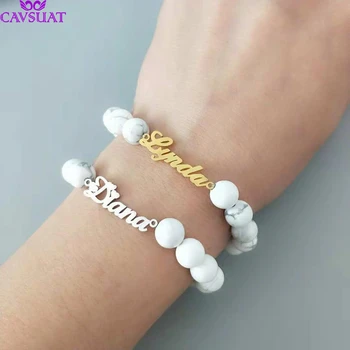 

Personalized Round Stretch Beads Name Bracelet Custom Handwriting Signature Nameplated Bracelets For Women Men Jewelry Xmas Gift