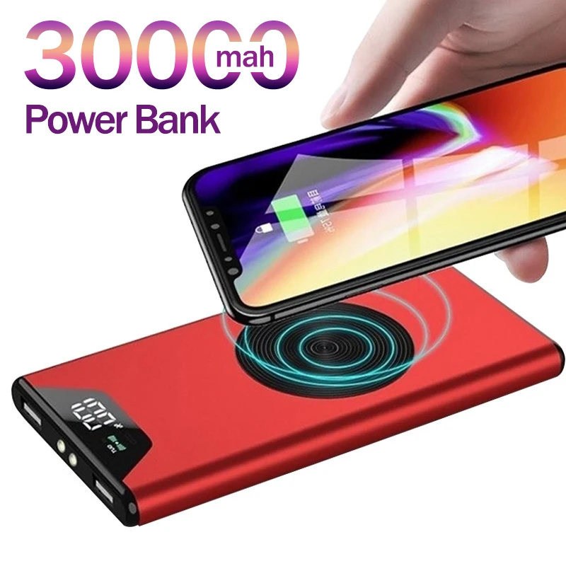 Cargador portátil inalámbrico de 30000mAh, carga rápida con 2USB, batería externa, Banco de energía con pantalla Digital para Samsung, Iphone y Xiaomi
