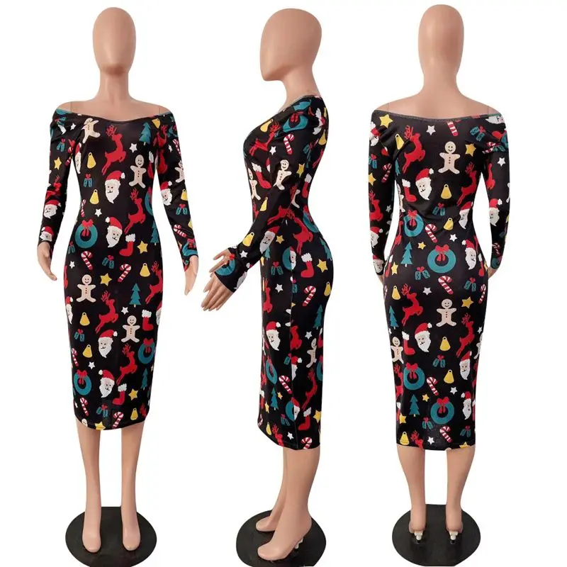 HAOYUAN осенне-зимнее облегающее платье миди, женское платье Vestidos с открытыми плечами и длинным рукавом, рождественское платье, сексуальные вечерние платья для ночного клуба