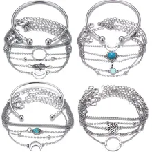 DIEZI богемные серебряный браслет с цепочкой комплекты с браслетом пальмовый Цветок Луна небесно-голубой камень буквы Шарм Браслеты для женщин ювелирные изделия