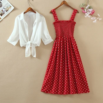 

Fashion Women Puff Sleeve Bow Tie Turn Down Chiffon Shirt Top + Long Polk Dot Ruched Spaghetti Strap Dress New Two Pieces Sets