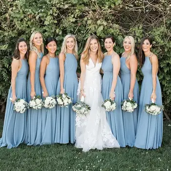 

New Light Blue Covertible Bridesmaid Dresses Pleated Floor Length Country Beach Wedding Guest Party Gowns Cheap Long Prom Dress