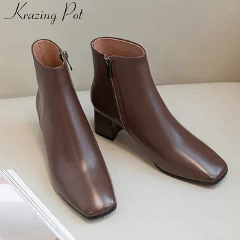 

krazing pot genuine leather shoes elegant women daily wear high heels square toe winter simple solid zipper warm ankle boots L20