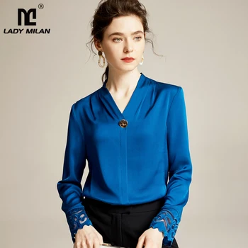 

Women's Runway Silk Shirt Sexy V Neck Long Sleeves Embroidery Hollow Out Elegant Casual Blouse Tops