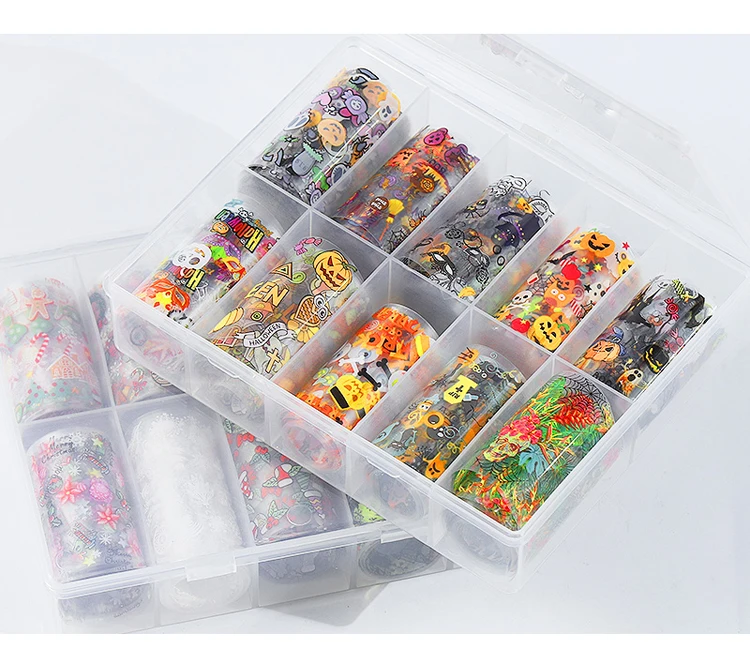 10Pcs Christmas Halloween Nail Foil Set Snowflake Pumpkin Skull Hat Transfer Nail Stickers Paper Holographic Nail Art Decoration