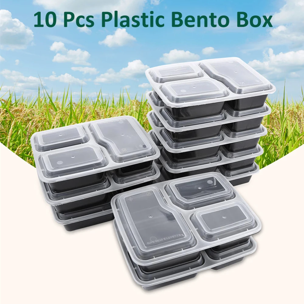 

10 Pcs Plastic Reusable Bento Box Meal Storage Food Lunch Box 3 Compartment Reusable Microwavable Food Containers Lunch box