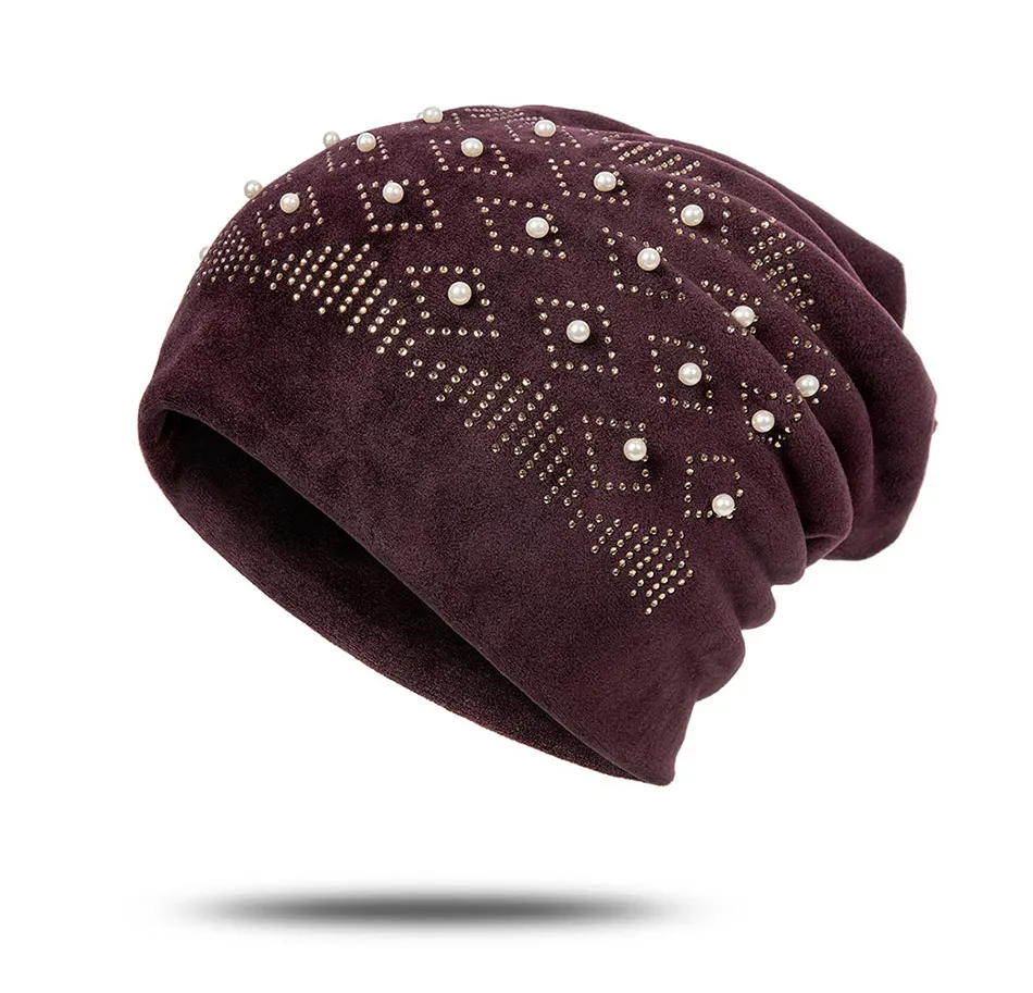 IWINTENew зимняя женская шапка бархатная теплая Skullies Beanies Женская Повседневная яркая перламутровая шапка роскошная женская шапка