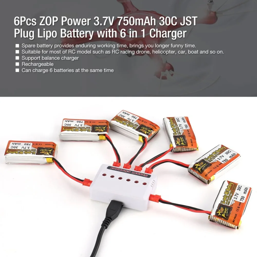 

6Pcs ZOP Power 3.7V 750mAh 30C JST Plug Lipo Battery Rechargeable with 6 in 1 Battery USB Charger for RC Racing Drone Car hz