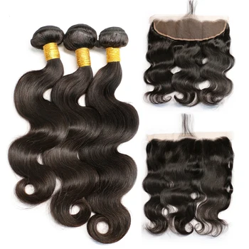 

3 Peruvian Body Wave Hair Extensions 100% Human Remy Hair Bundles With Lace Frontal 13*4 Pre Plucked Bleacked Knots Thick Ends